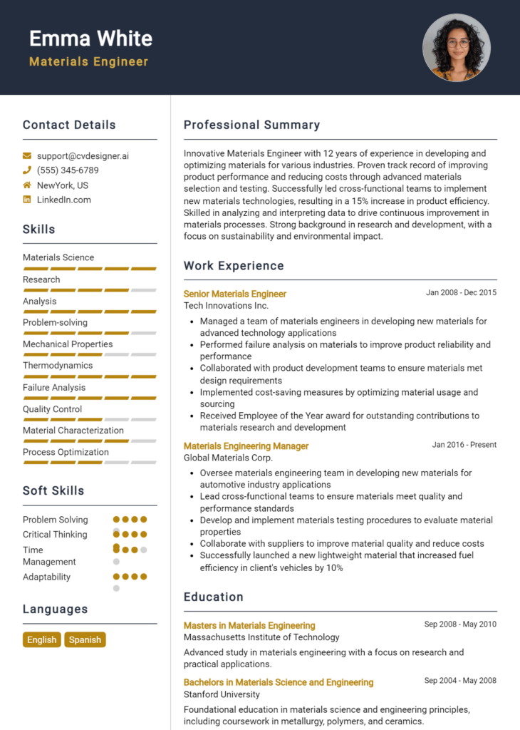 Materials Engineer Resume Example
