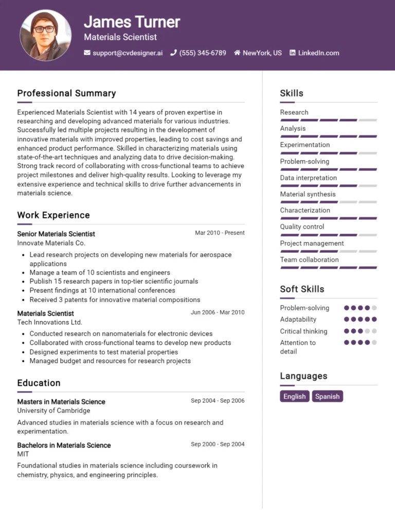Materials Scientist CV Example For 2025: Best Writing Guide