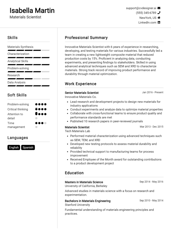 Materials Scientist Resume Example