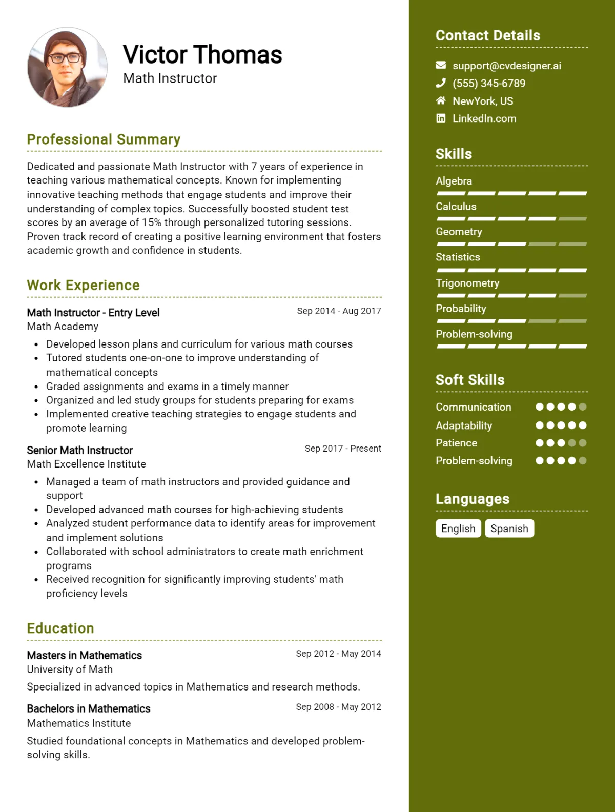 Math Instructor CV Example