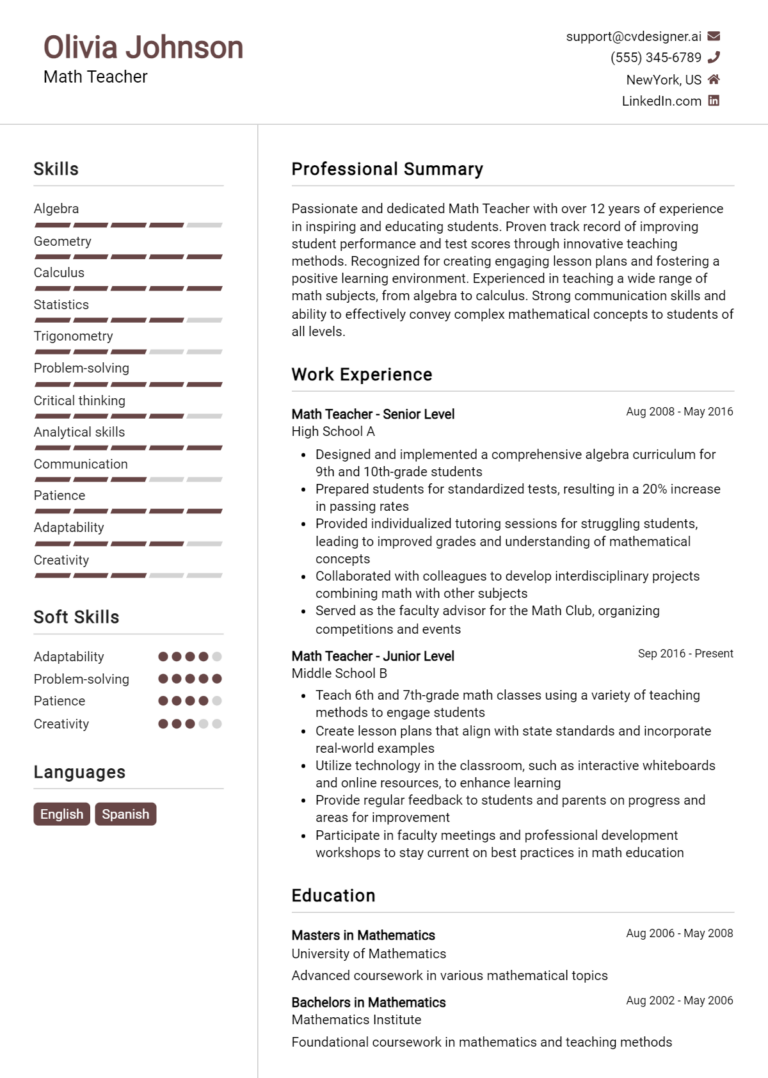 Math Teacher Resume Example for 2025: Proven Tips & Templates