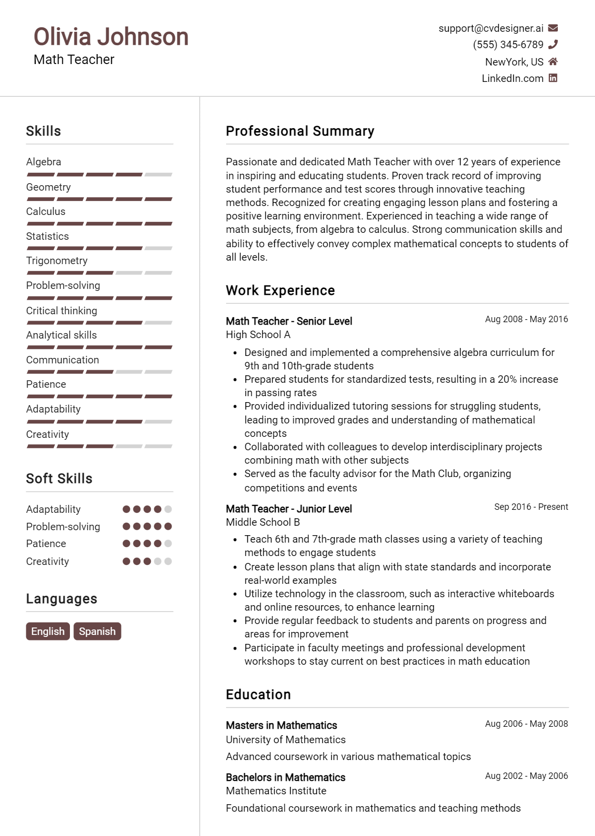Math Teacher Resume Example