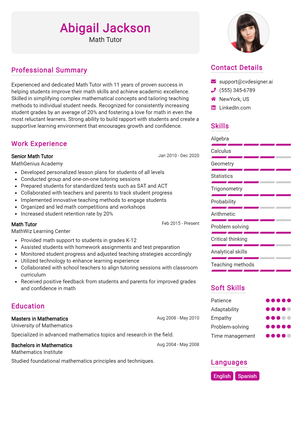 Math Tutor Resume Example for 2024: Best Tips & Templates - CVDesigner.ai