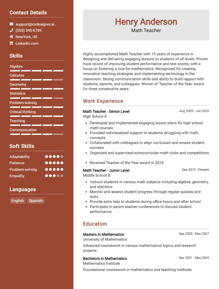 Math Teacher CV Example For 2025: Examples & Free Templates