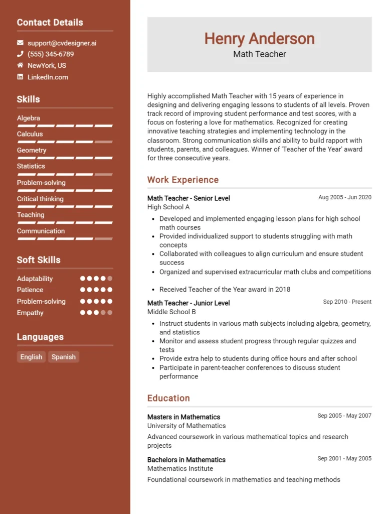 Math Teacher CV Example