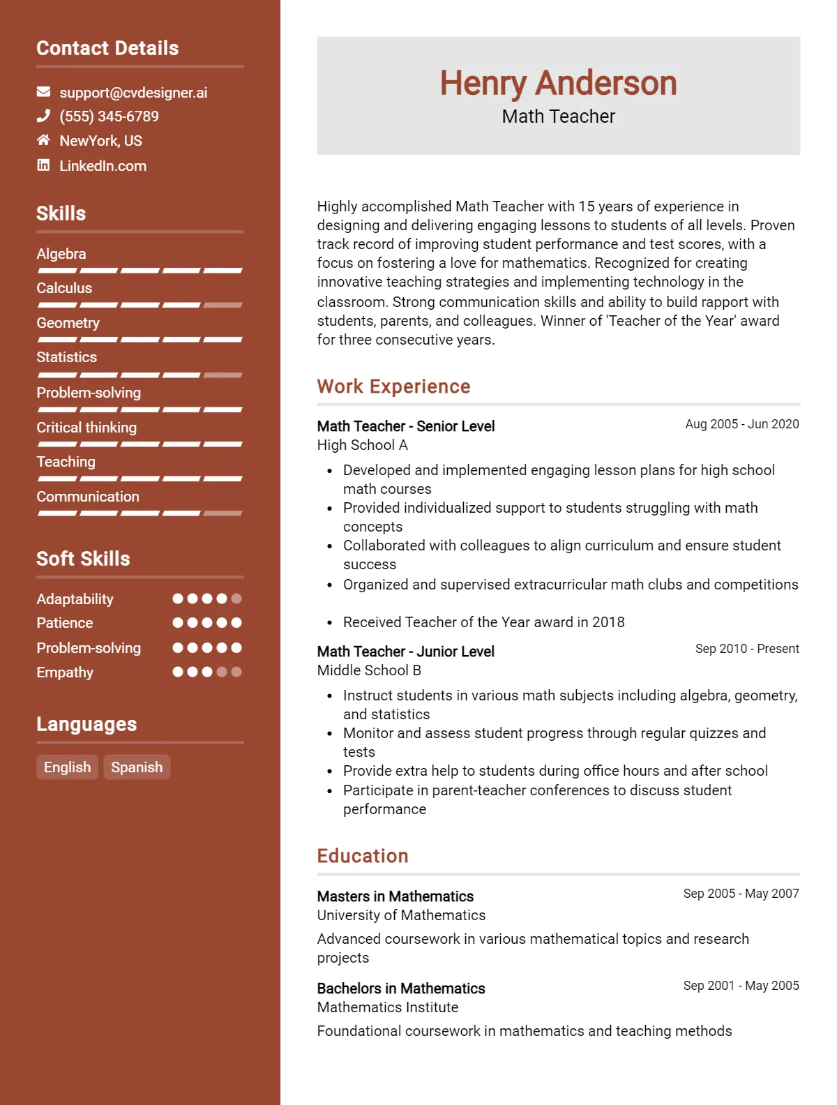 Math Teacher CV Example