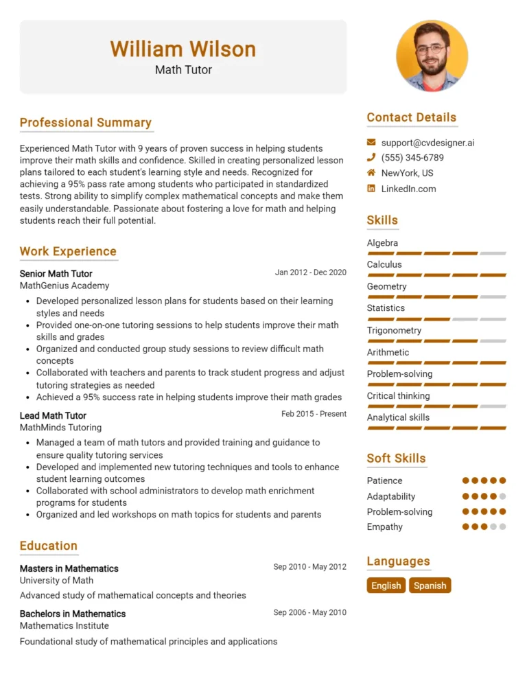 Math Tutor CV Example For 2025: Top CV Skills