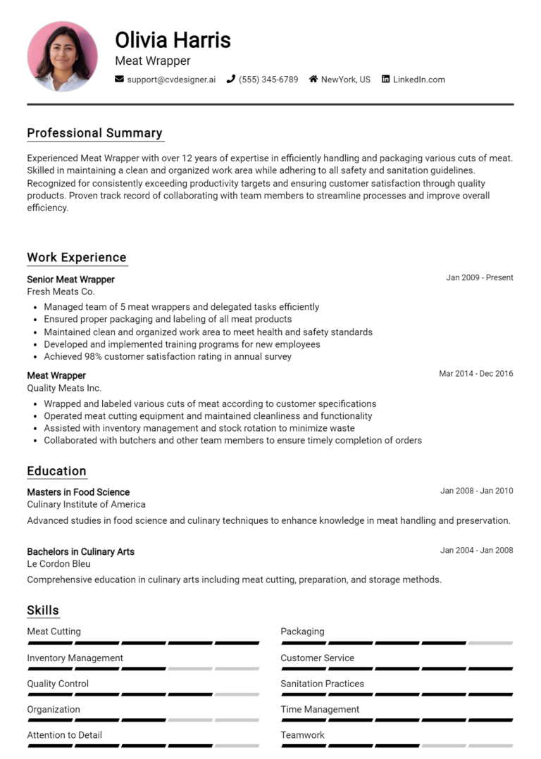 Meat Wrapper Resume Example for 2025: Professional CV Templates
