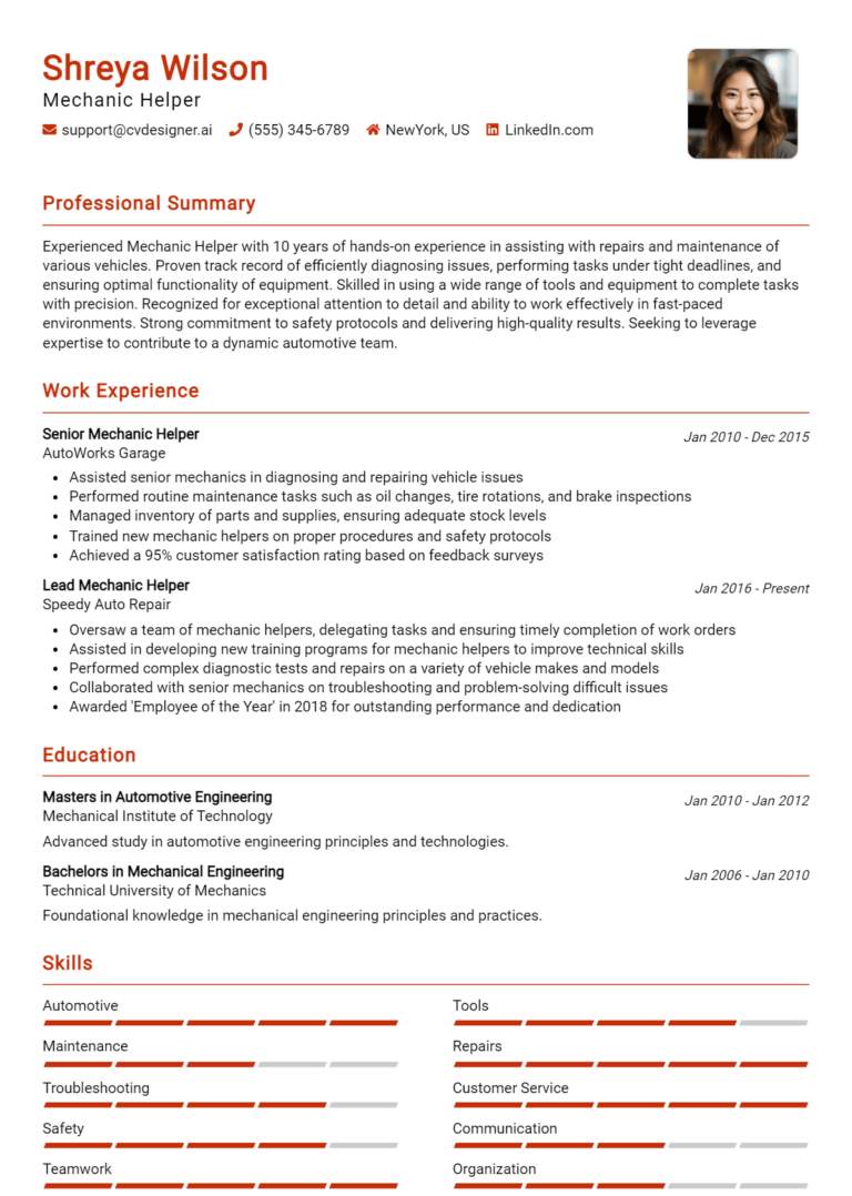 Mechanic Helper Resume Example for 2025: Examples & Free Templates