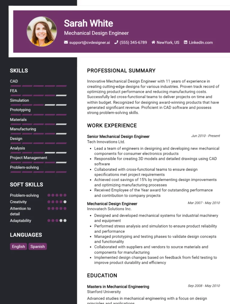 Mechanical Design Engineer CV Example For 2025: Best Formatting Tips