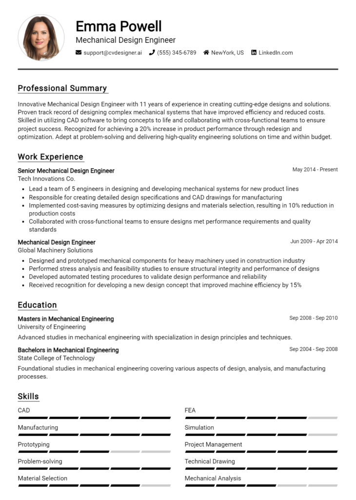 Mechanical Design Engineer Resume Example