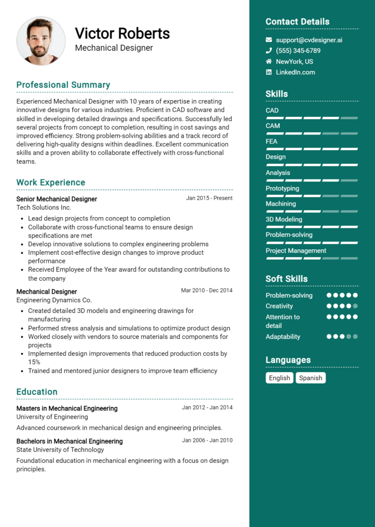 Mechanical Designer Resume Example for 2025: Ultimate Guide