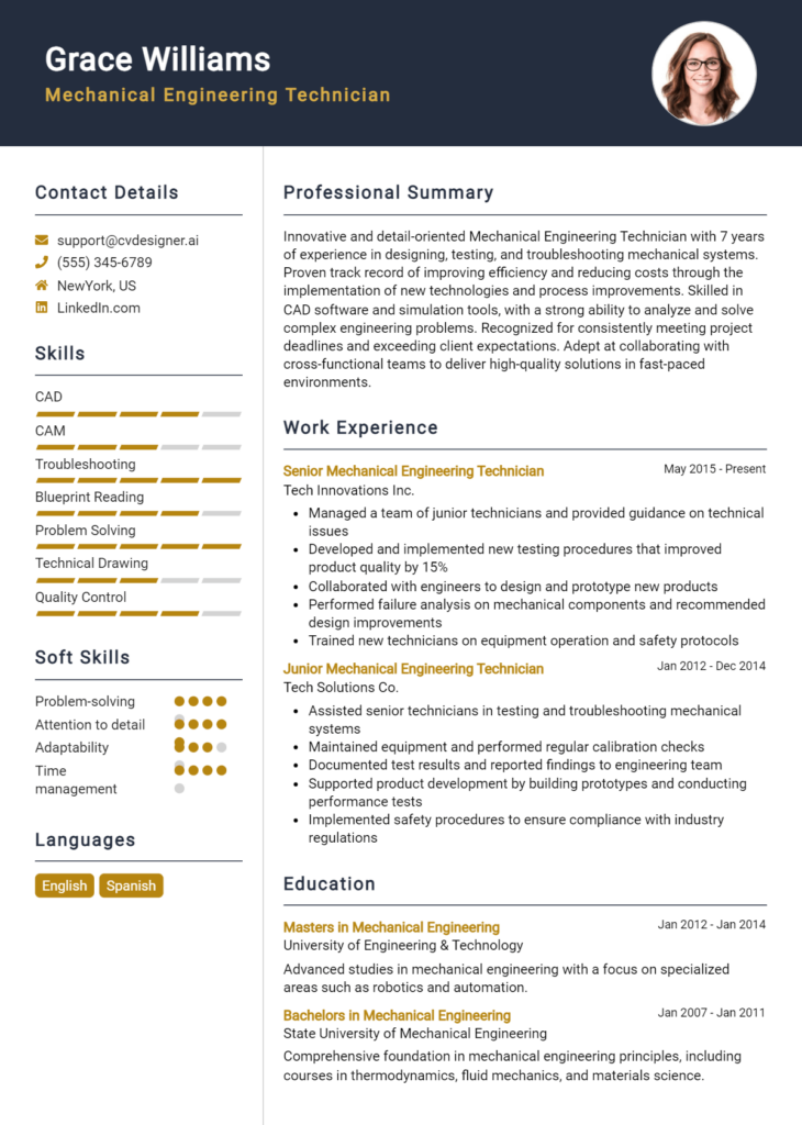 Mechanical Engineering Technician Resume Example