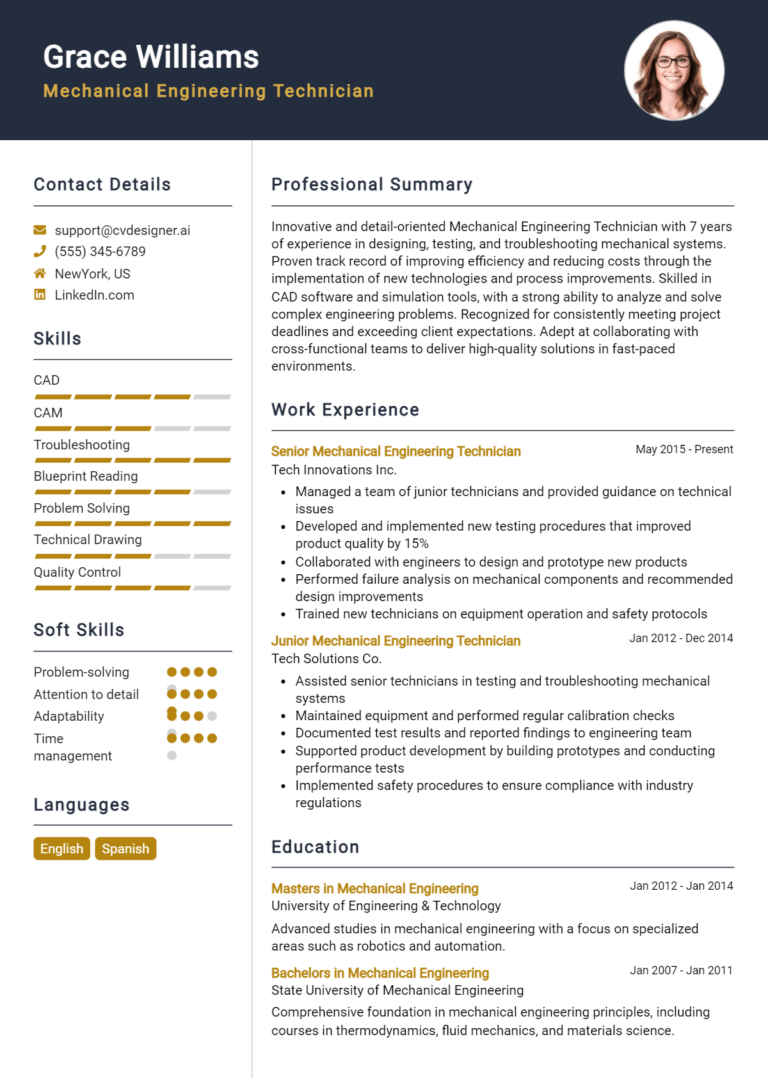 15 Mechanical Engineering Technician Resume Examples And Templates for 2025