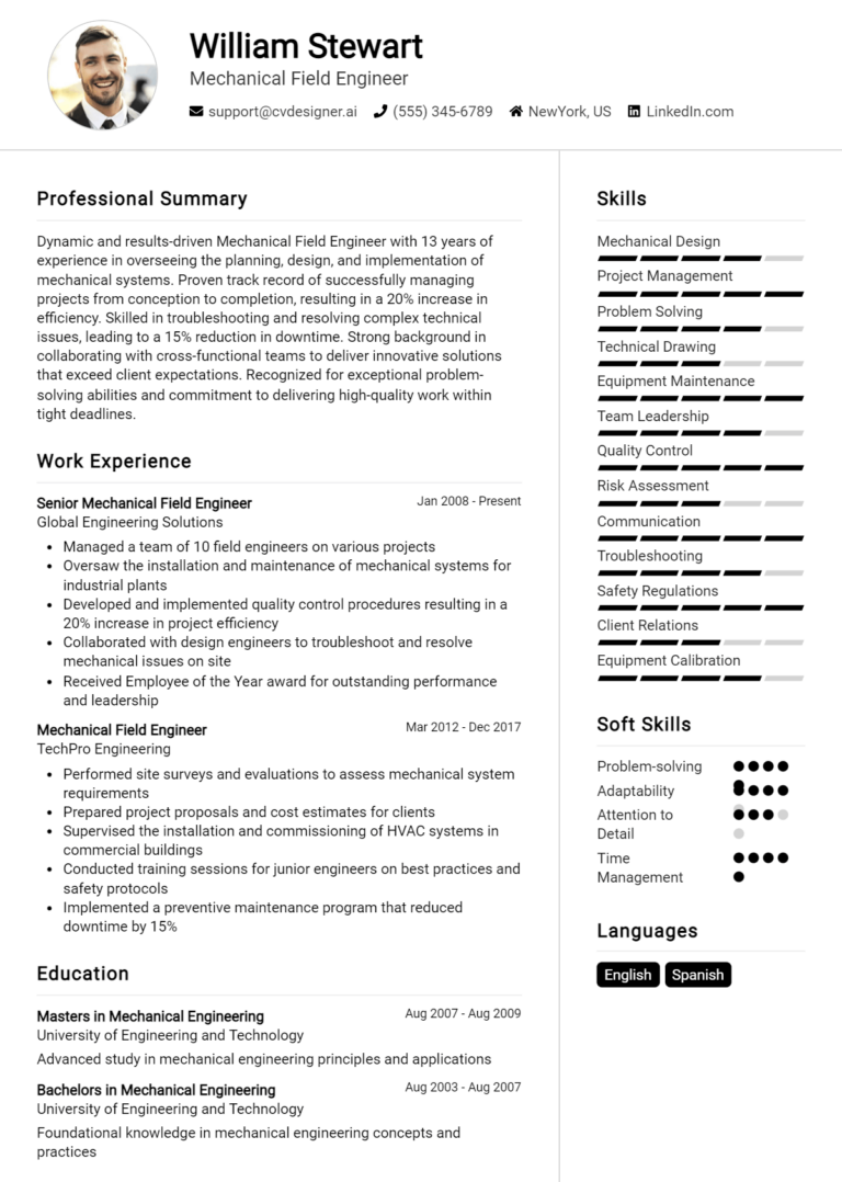 Mechanical Field Engineer Resume Example for 2024: Samples & Best ...