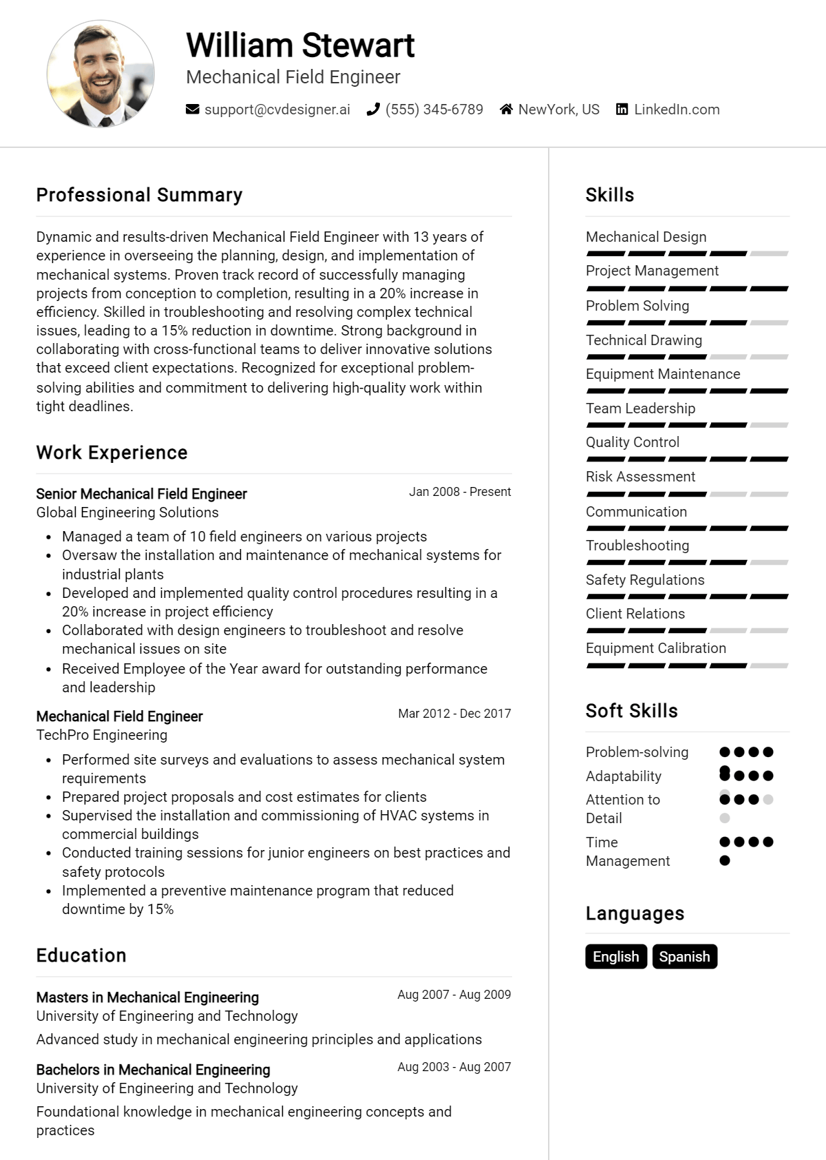 Mechanical Field Engineer Resume Example