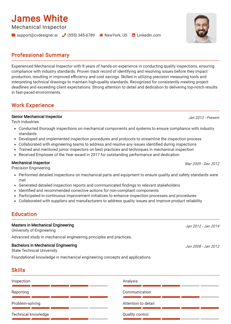 Mechanical Inspector Resume Example for 2025: Tips to Stand Out