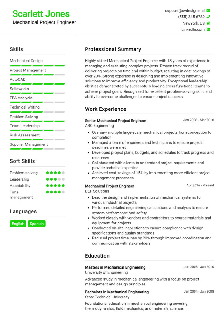 Mechanical Project Engineer Resume Example