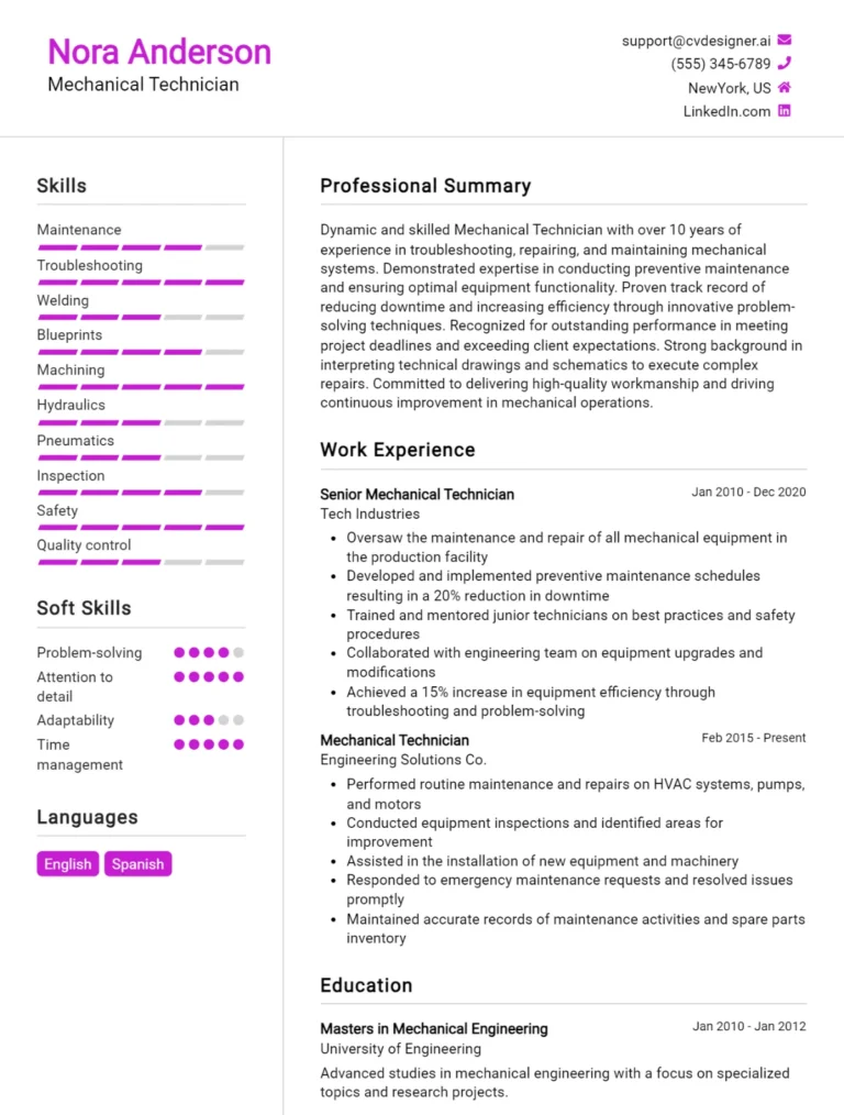 Mechanical Technician CV Example For 2025: Best Writing Guide