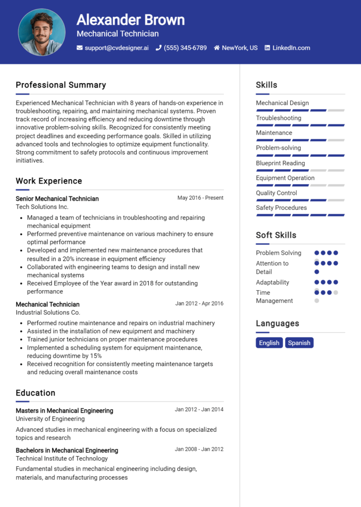 Mechanical Technician Resume Example