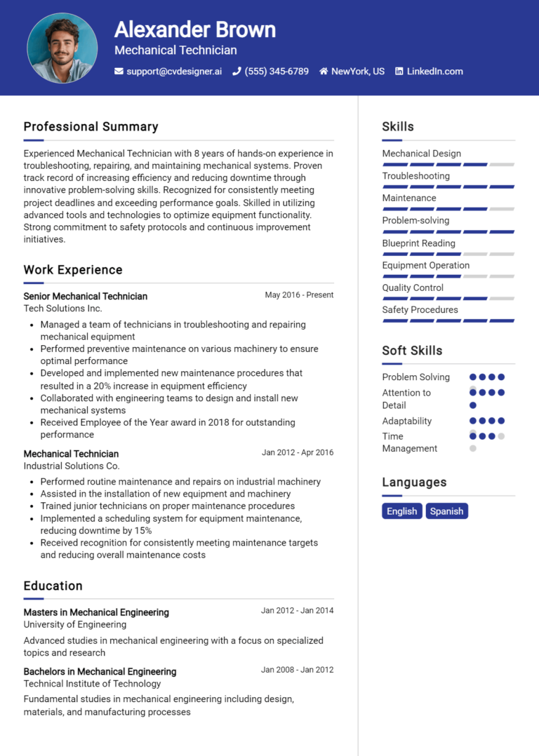 12 Mechanical Technician Resume Examples And Templates for 2025