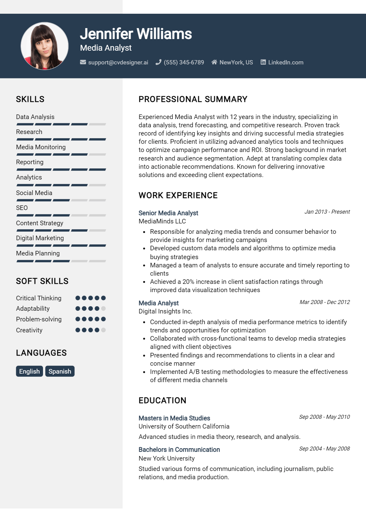 Media Analyst Resume Example