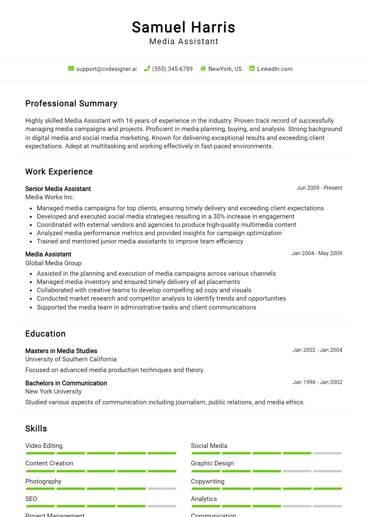 Media Assistant Resume Example