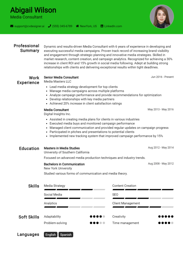 Media Consultant Resume Example for 2025: Ultimate Guide