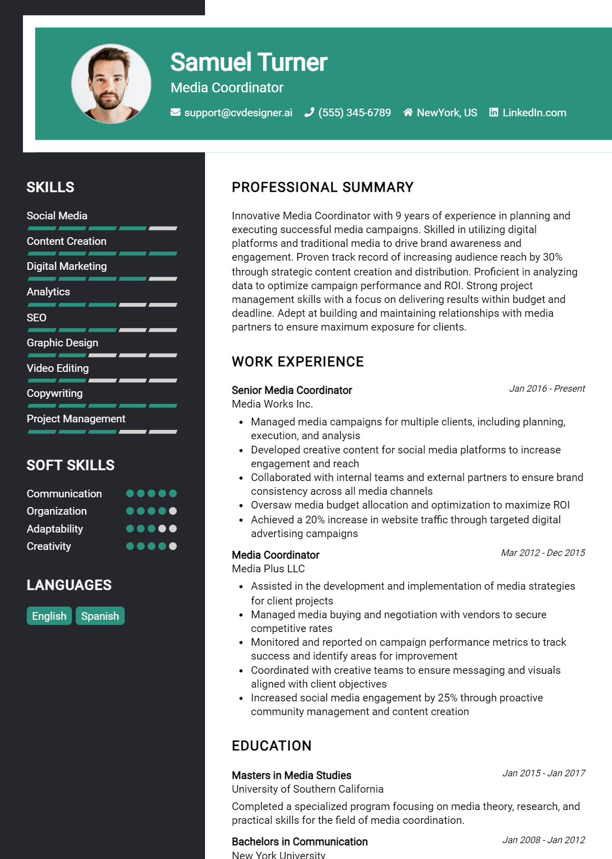 Media Coordinator Resume Example for 2024: Writing Guide - CVDesigner.ai