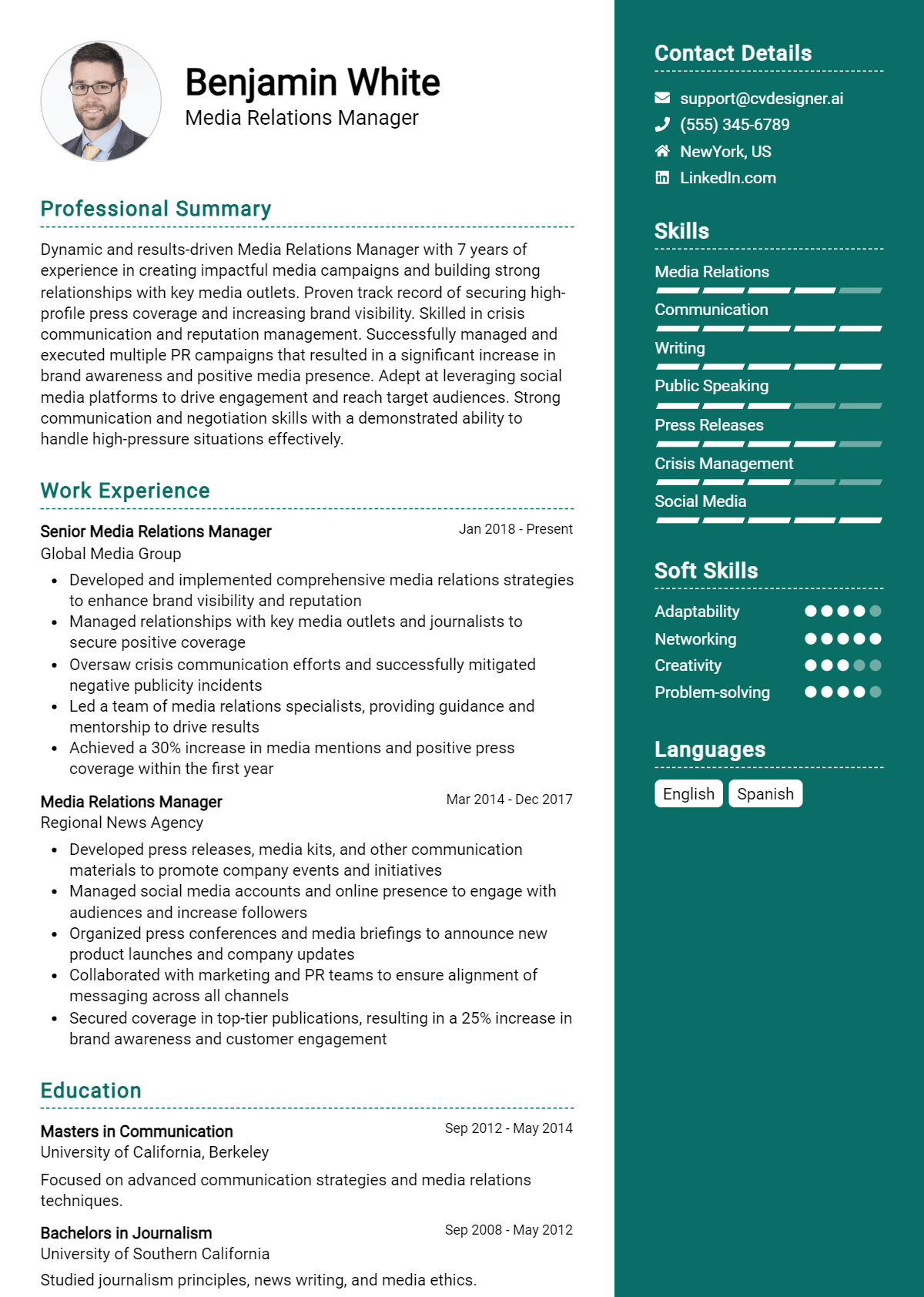Media Relations Manager Resume Example