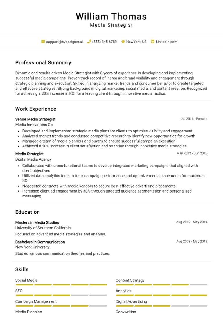 Media Strategist Resume Example for 2025: Tips to Stand Out