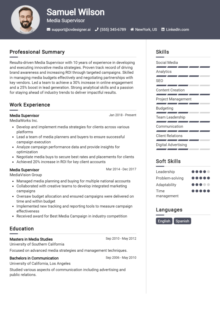 Media Supervisor Resume Example for 2025: Top Templates