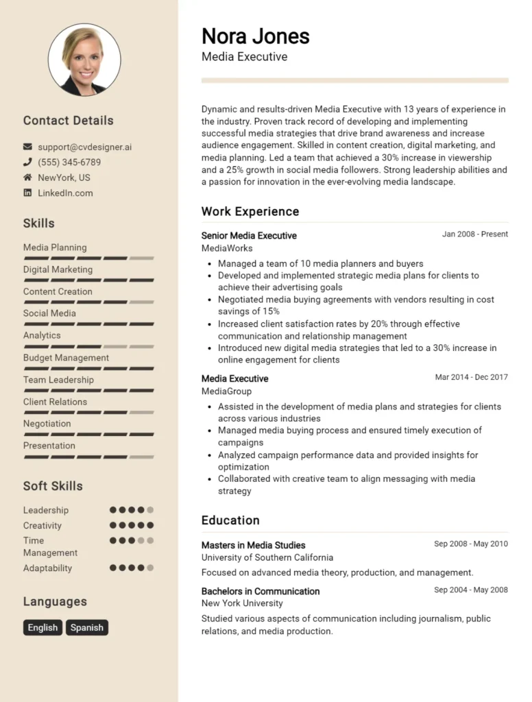 Media Executive CV Example