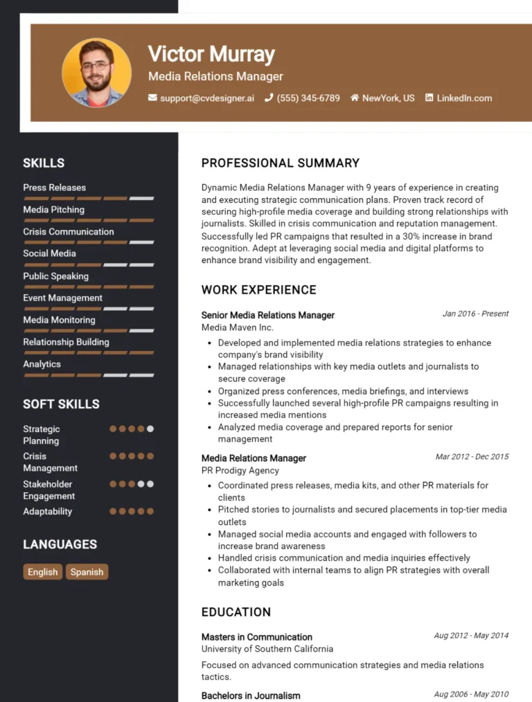 Media Relations Manager CV Example For 2025: Tips to Stand Out