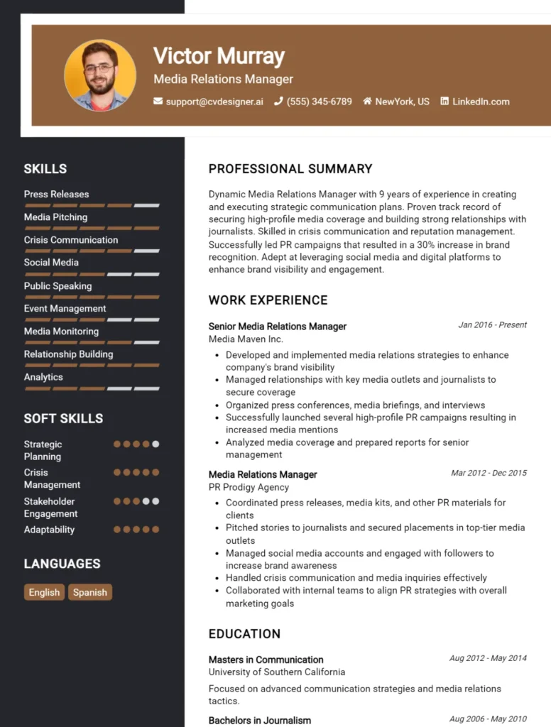 Media Relations Manager CV Example