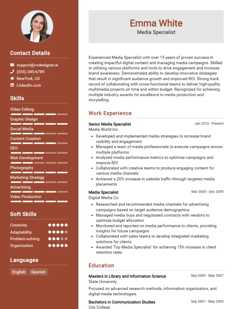 Media Specialist CV Example