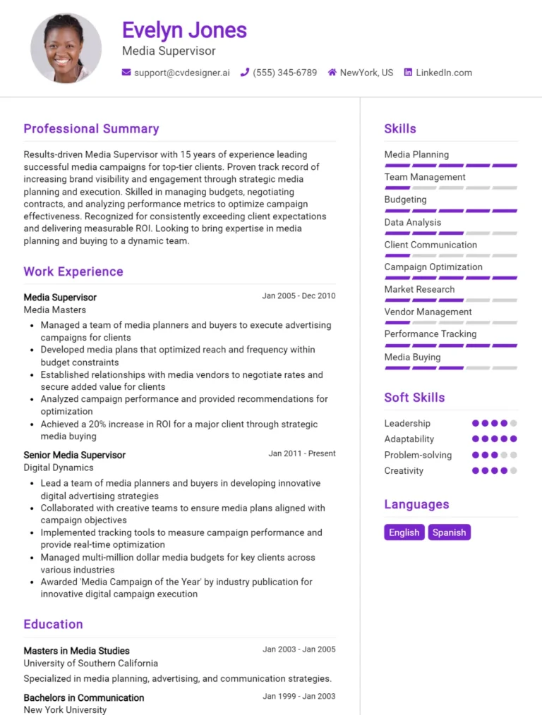 13 Media Supervisor CV Examples And Templates For 2025