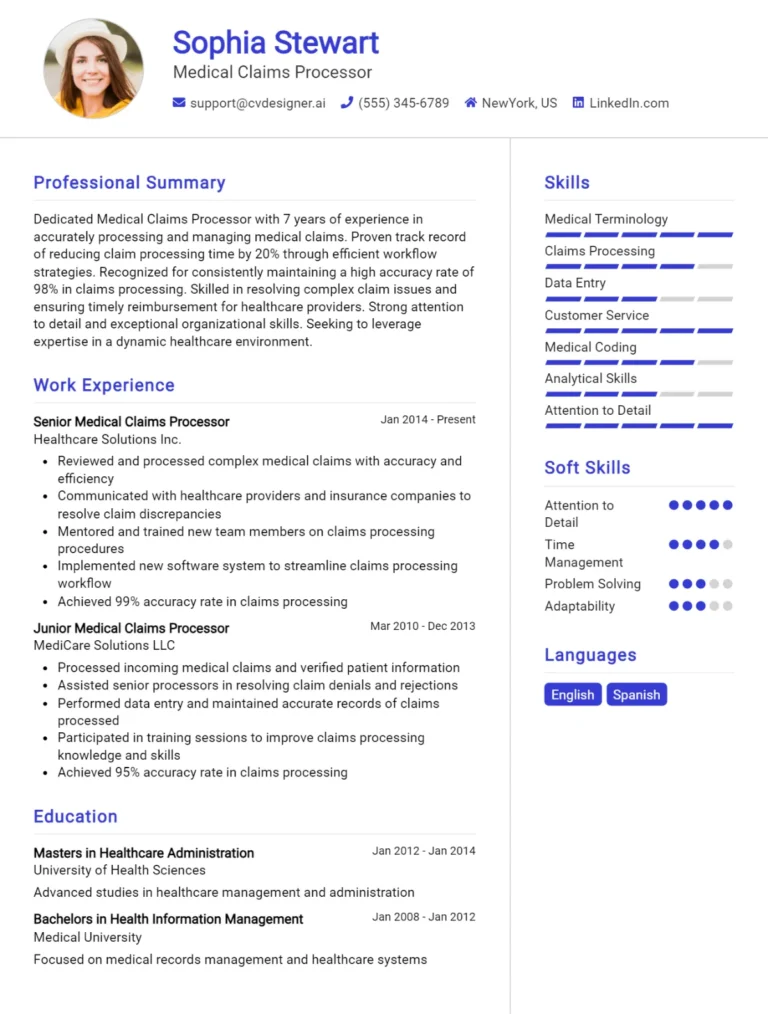 Medical Claims Processor CV Example For 2025: Top Tips & Samples