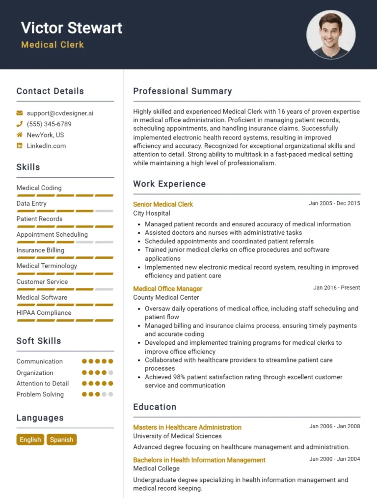 Medical Clerk CV Example For 2025: Top CV Skills