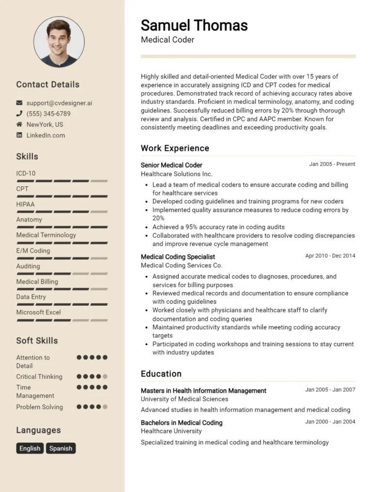 Medical Coder CV Example For 2025: Ultimate Guide