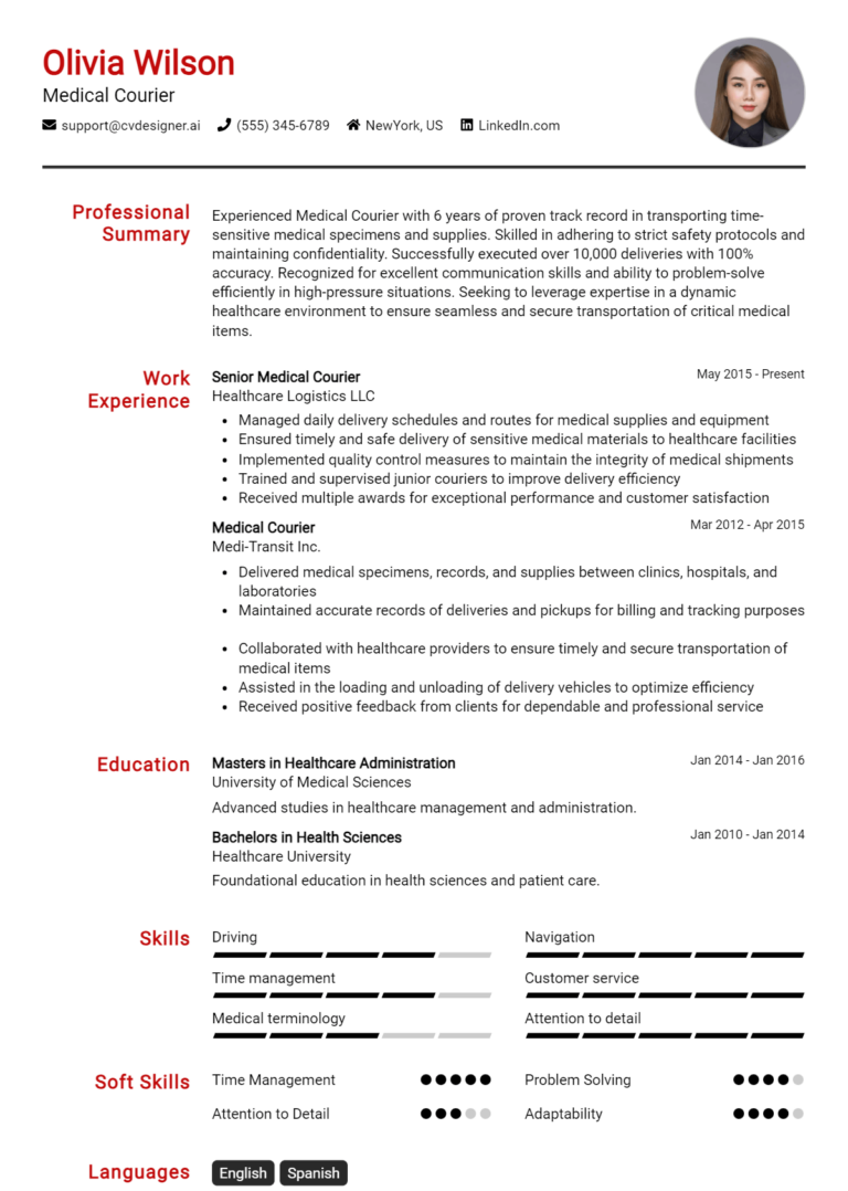 Medical Courier Resume Example for 2025: Proven Tips & Templates