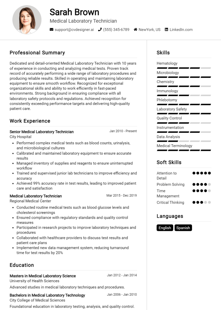 32 Medical Laboratory Technician Resume Examples for 2025: Examples & Free Templates
