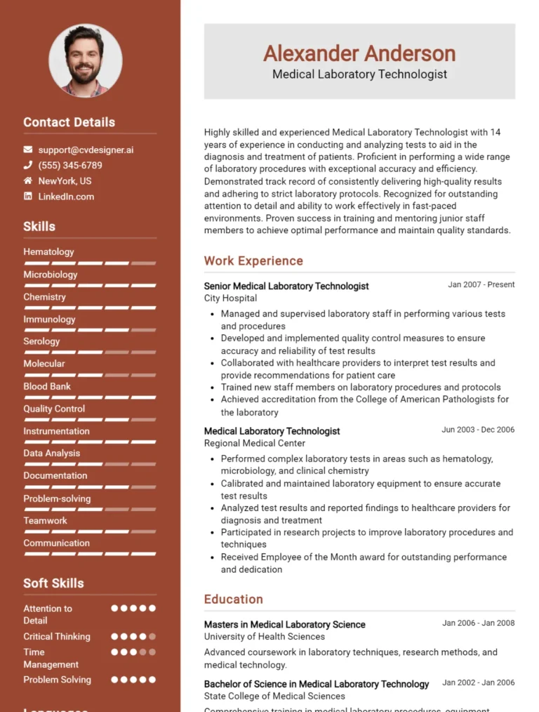 Medical Laboratory Technologist CV Example For 2025: Ultimate Guide