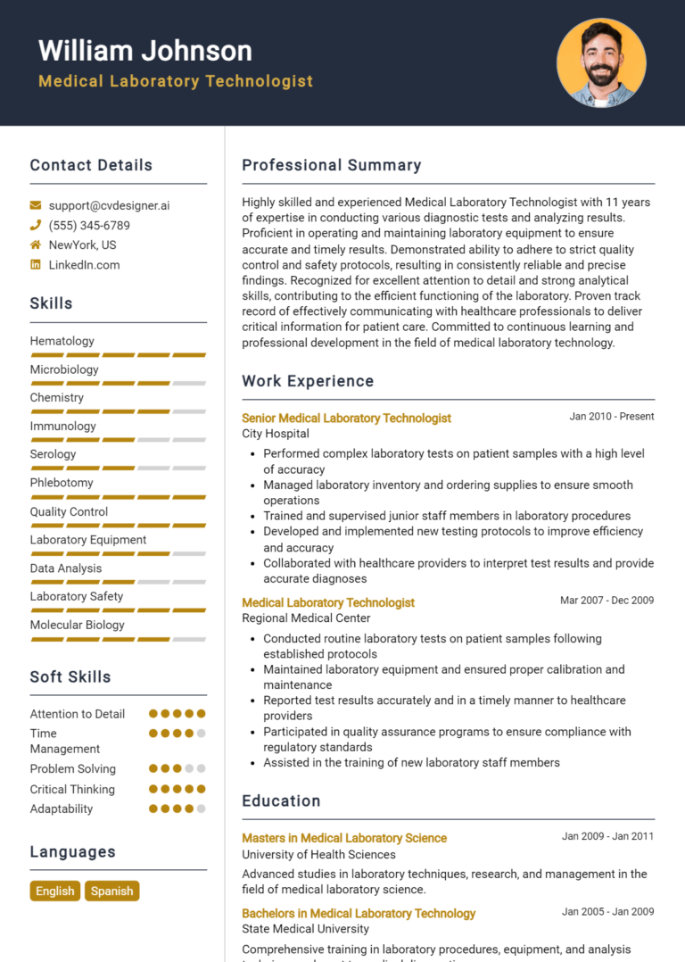 Medical Laboratory Technologist Resume Example for 2025: How to Craft a Winning CV