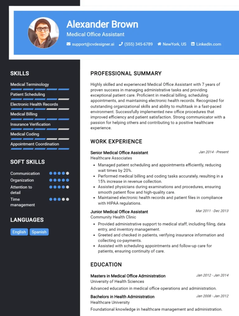 Medical Office Assistant CV Example For 2025: Examples & Free Templates