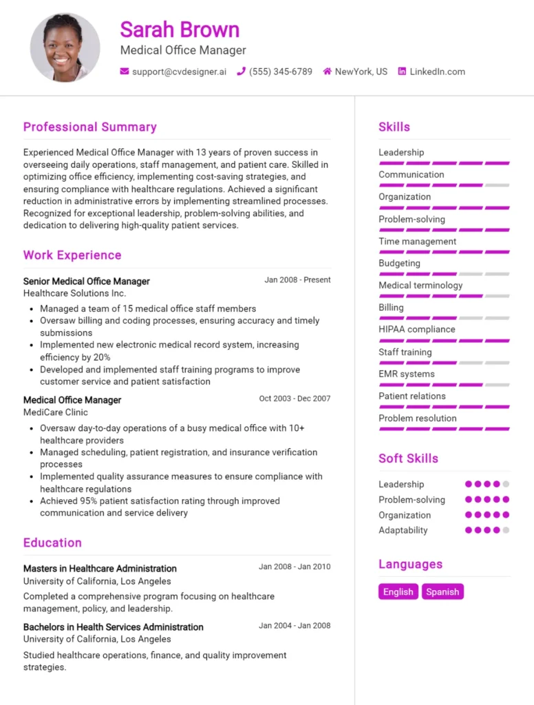 Medical Office Manager CV Example