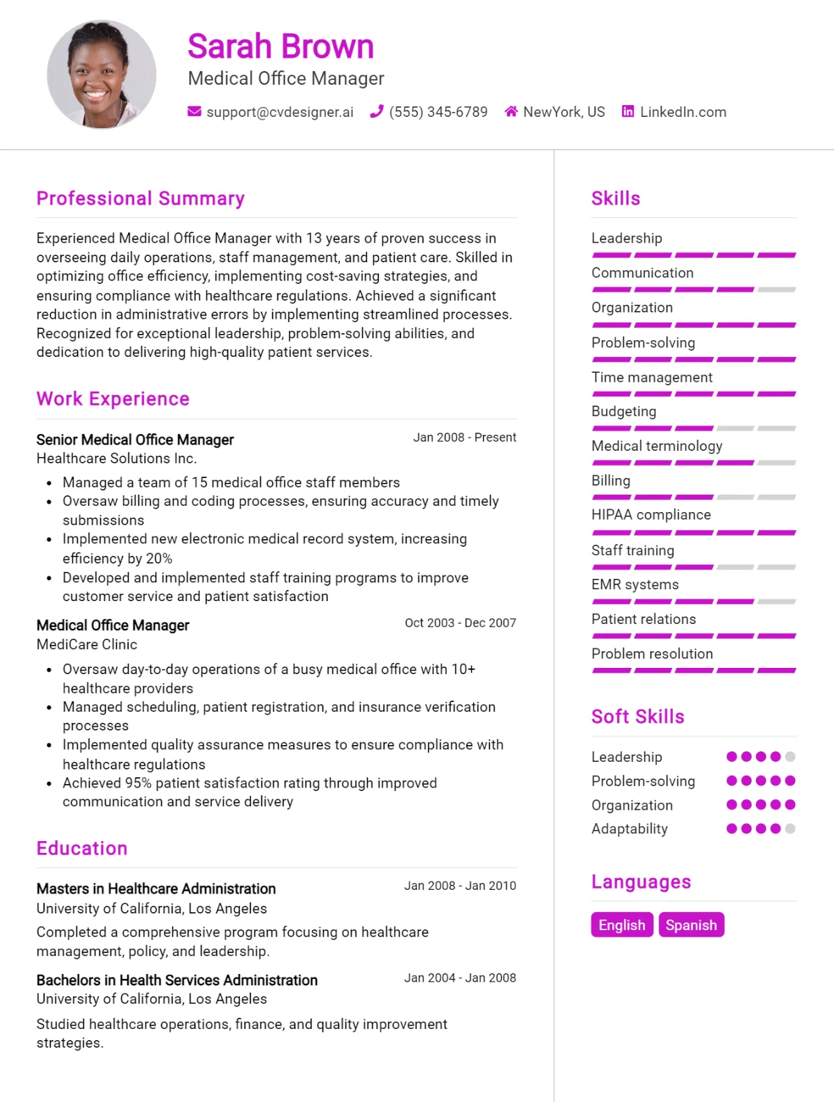 Medical Office Manager CV Example