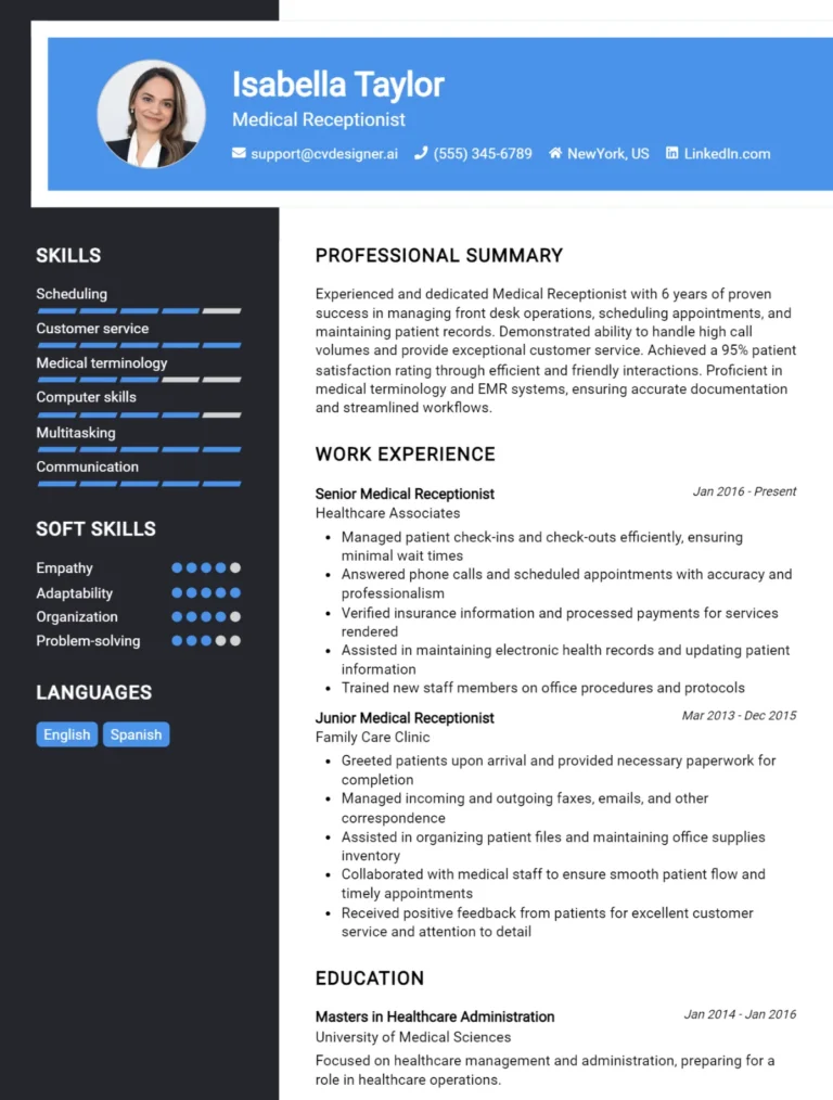 Medical Receptionist CV Example For 2025: Proven Tips & Templates