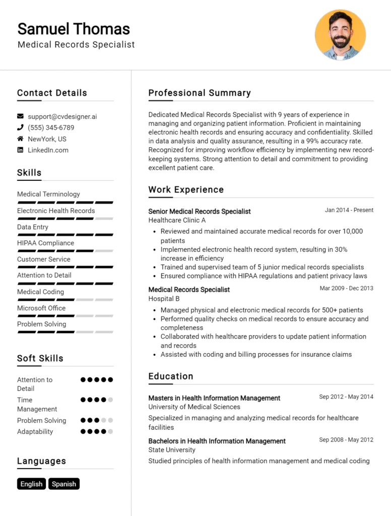 Medical Records Specialist CV Example