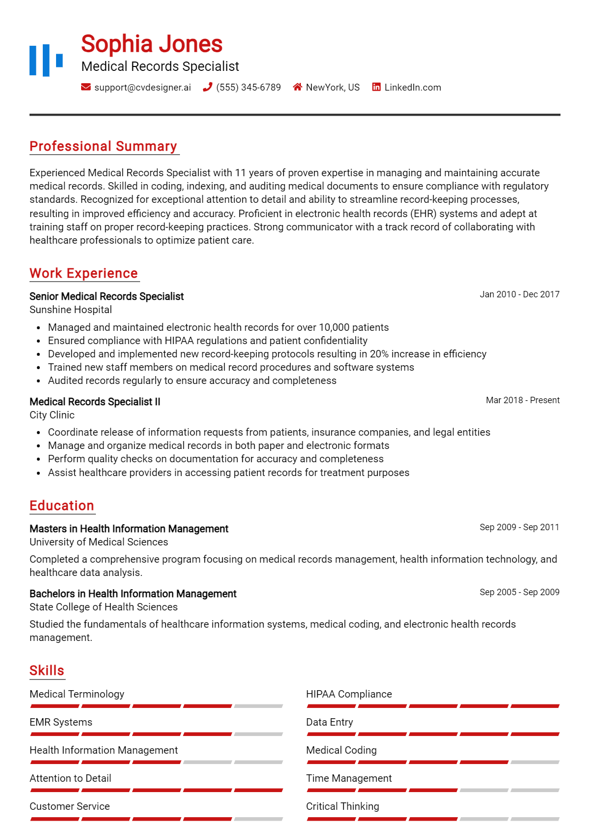 Medical Records Specialist Resume Example